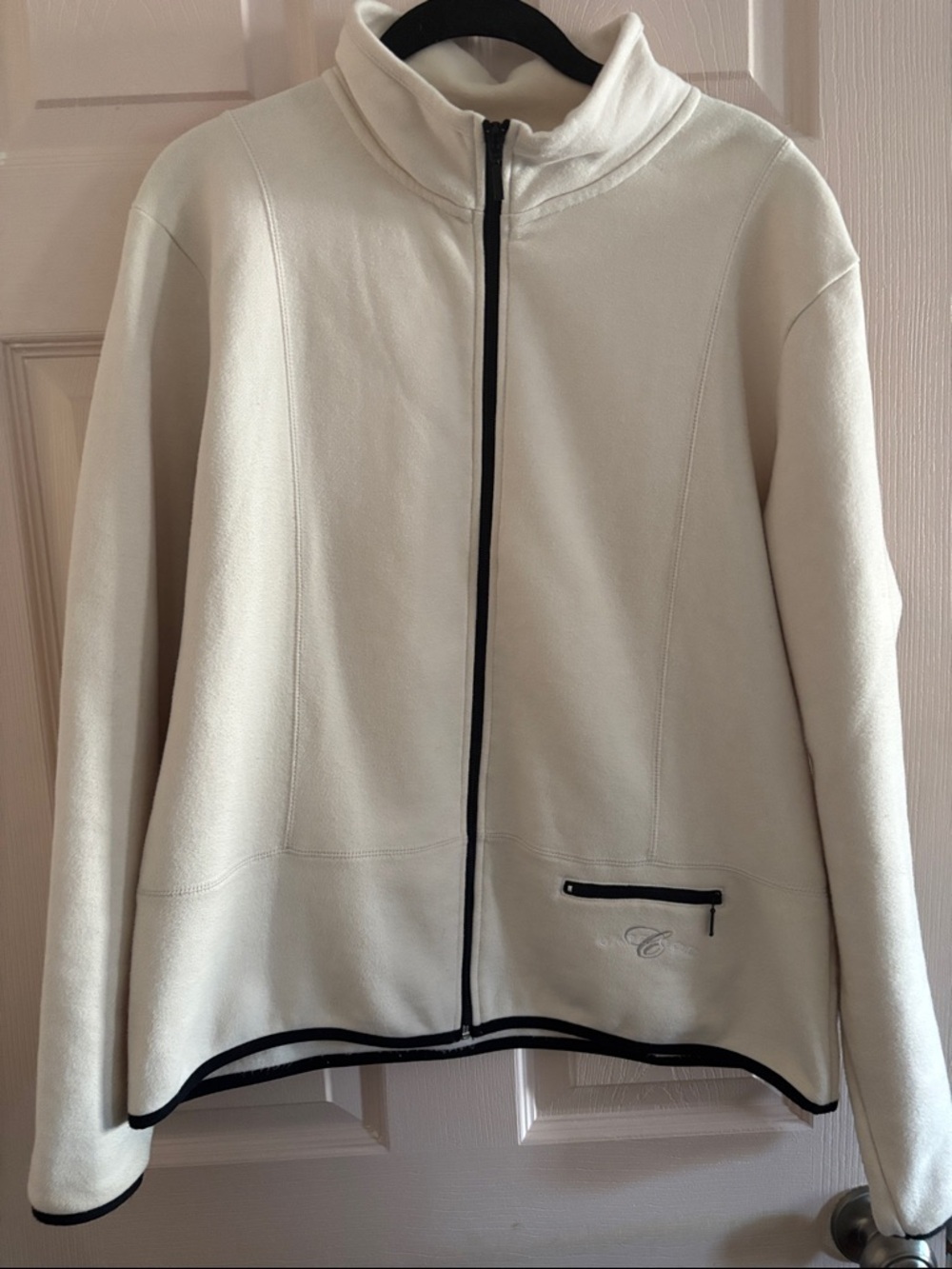 Cream Full-Zip Bomber Jacket with Contrast Trim